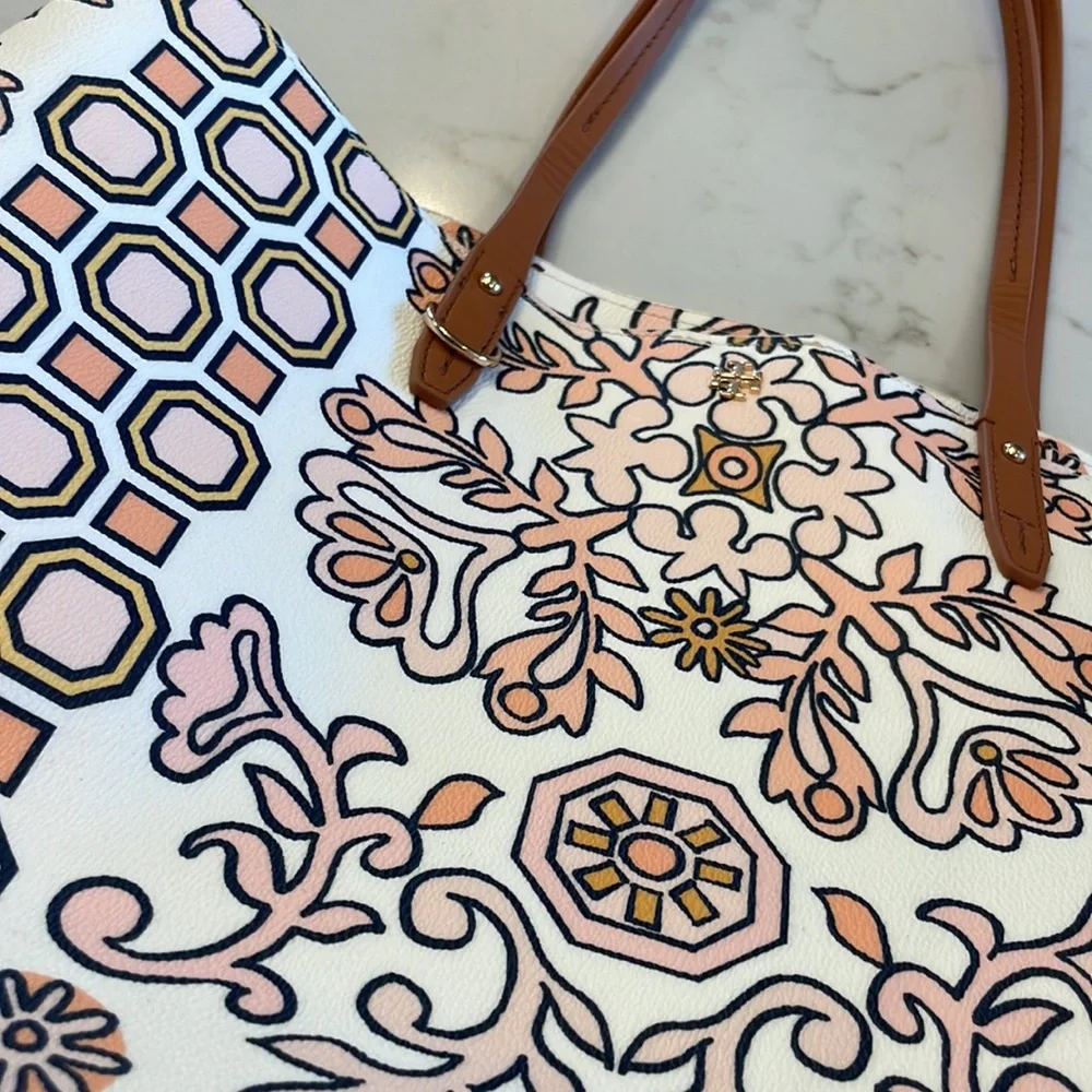Tory Burch White, Tan & Yellow Printed Tote